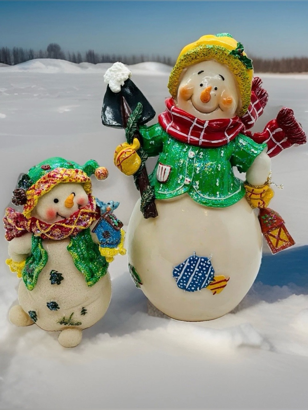 VTG 2000s Resin Snowman Figurine 2 Set Chunky Folk Art Christmas Decor 8” & 5.5”